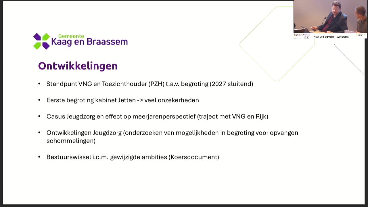 Beeld uit de opname van de financiële commissie - context en kaders van Kaag en Braassem