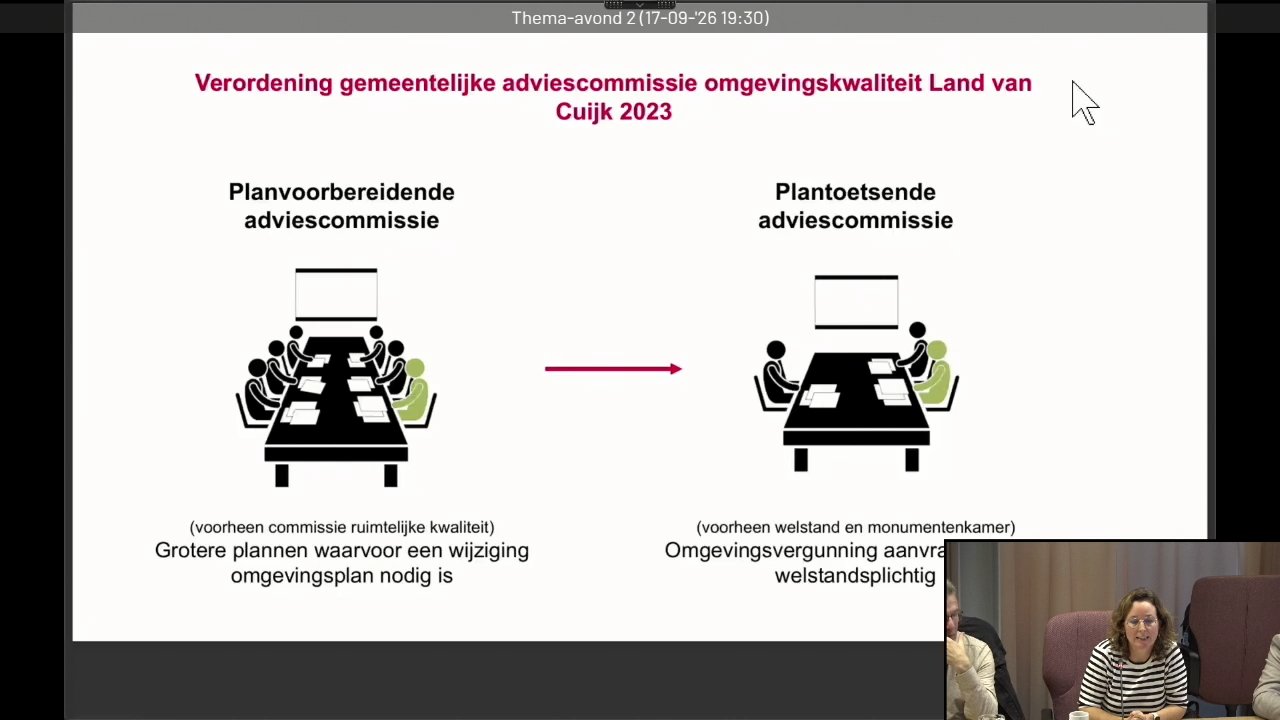 Beeld uit de opname van de thema-avond 2 - nota uiterlijk van bouwwerken lvc 2026 + ihp onderwijs 2027-2030 (zie ris 2026-bob-2) van Land van Cuijk