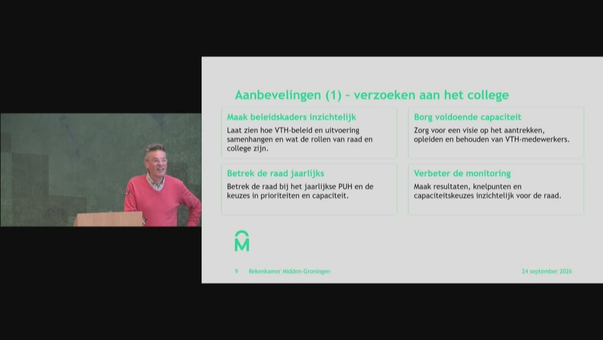 Beeld uit de opname van de presentatie rekenkameronderzoek vth van Midden-Groningen